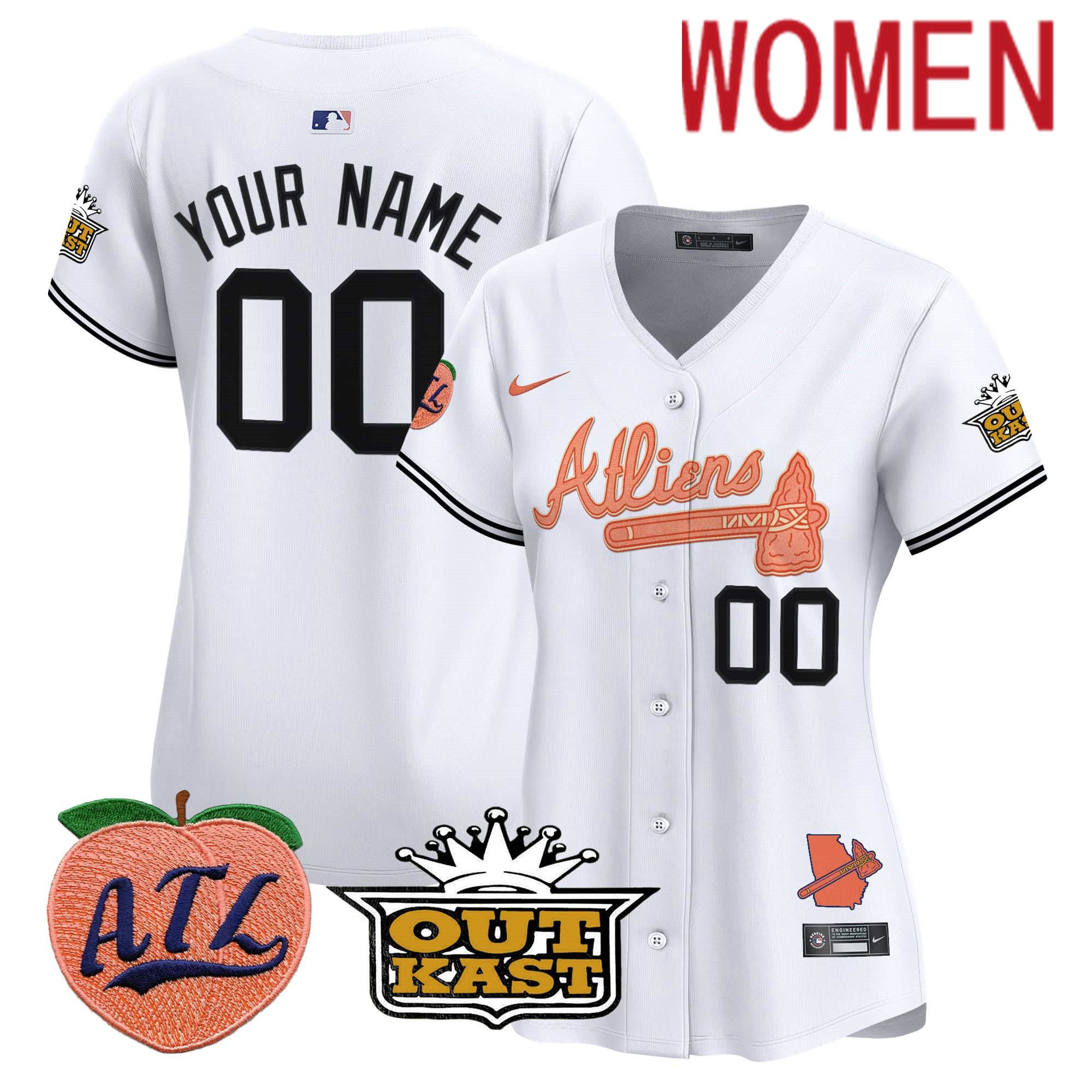Women Atlanta Braves White Nike 2024 Atliens & Peach Vapor Premier Limited Custom MLB Jersey->customized mlb jersey->Custom Jersey